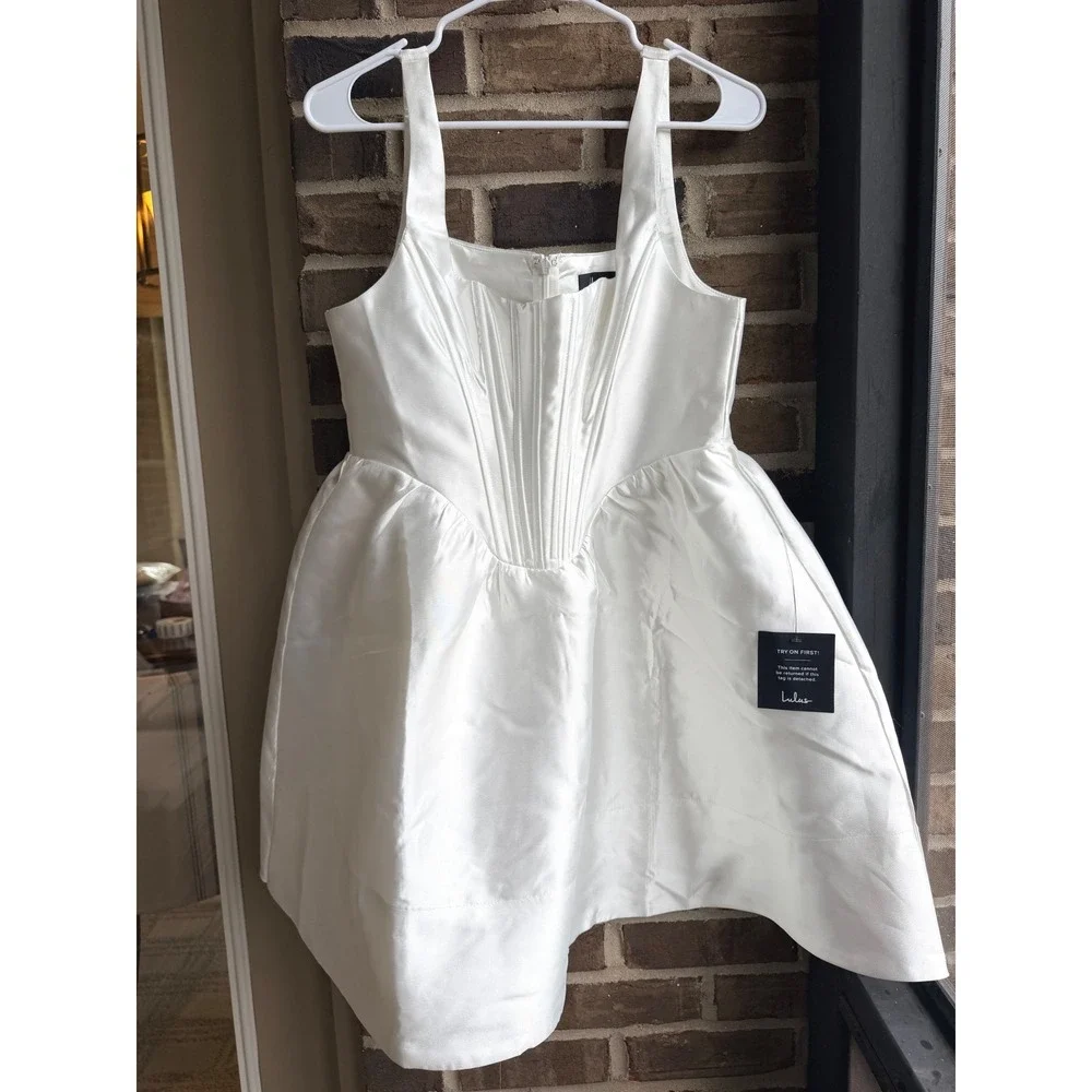 Lulus Impressed White Taffeta Bustier Basque Waist Mini Dress Womens L White